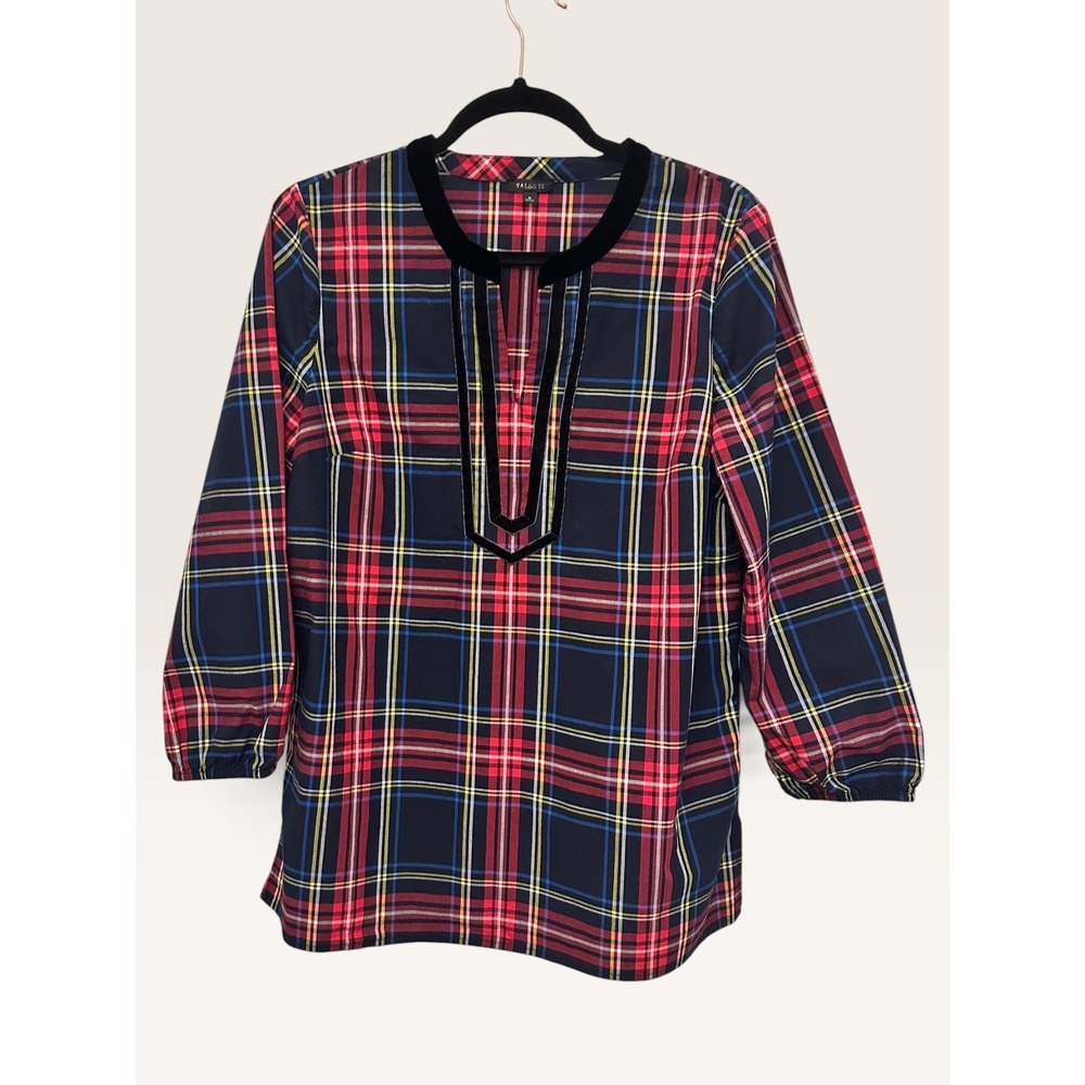 Talbots Womens Red Navy Plaid Velvet Trim Split Neck Tunic Blouse M Holiday Prep
